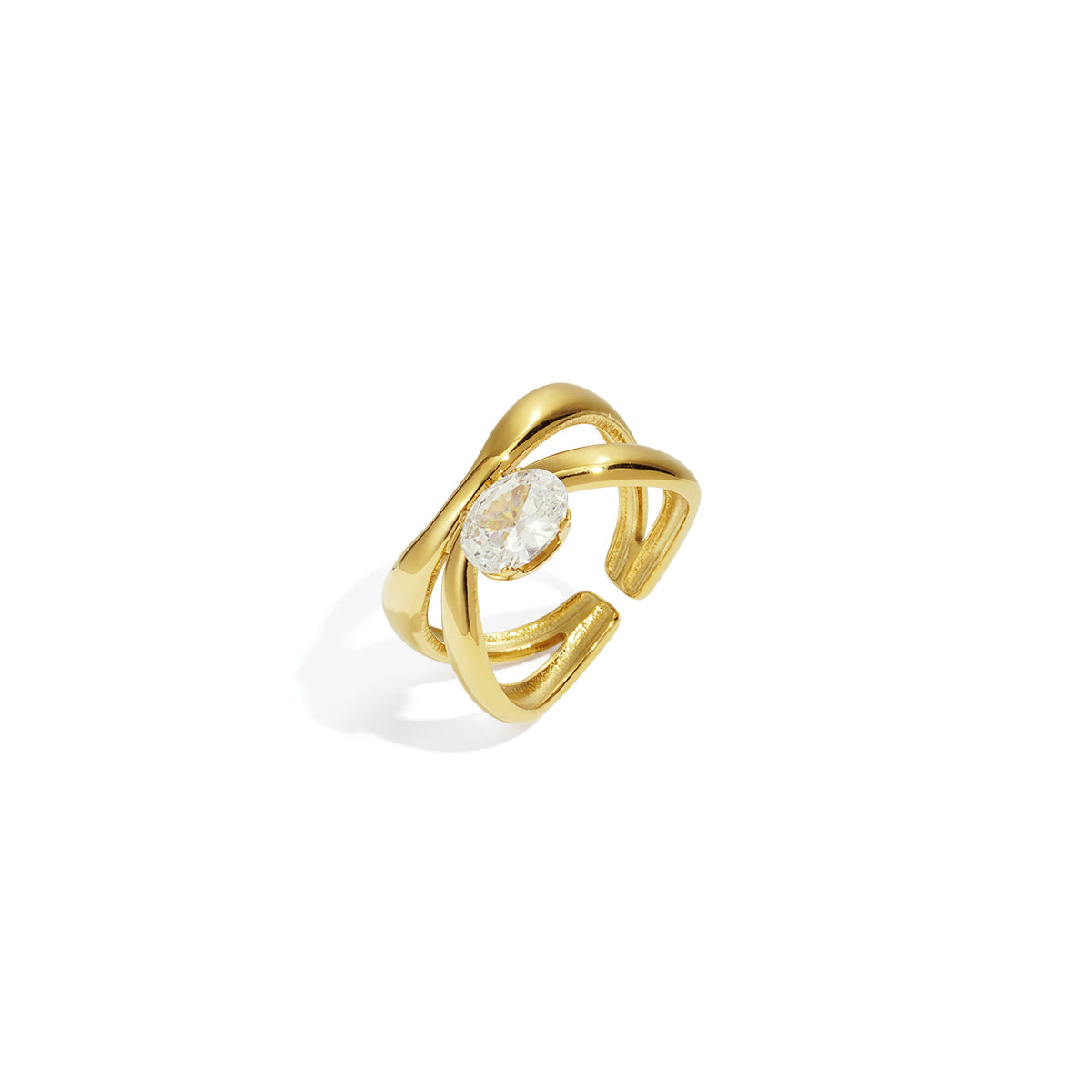 Gold adjustable ring with an oval clear rhinestone set in a criss-cross band.