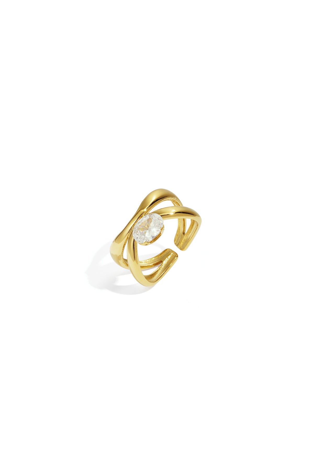 Gold adjustable ring with an oval clear rhinestone set in a criss-cross band.