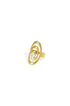Gold ring with intertwined oval shapes and a central zircon stone.