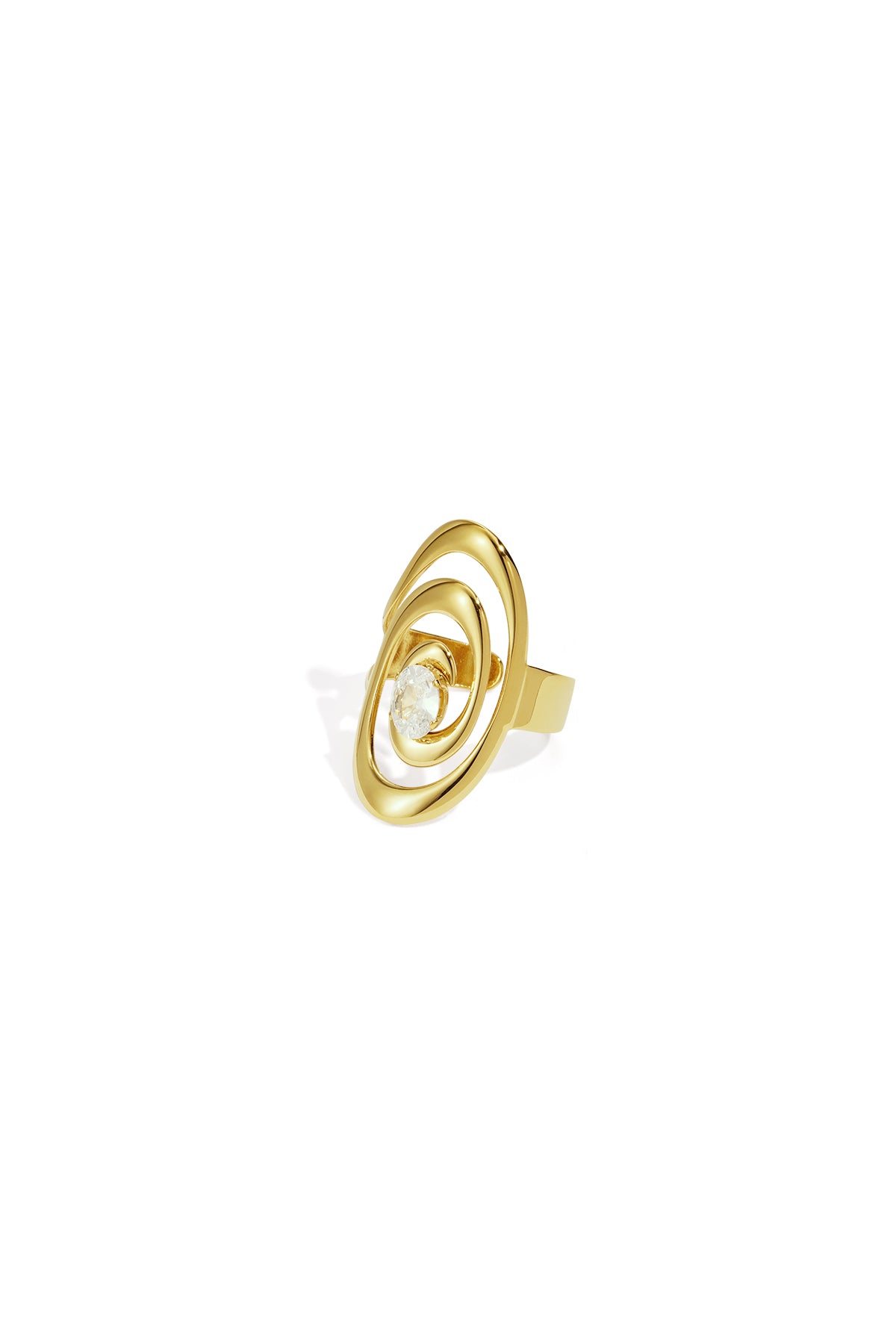Gold ring with intertwined oval shapes and a central zircon stone.