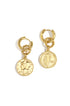 Gold hoop earrings with dangling coin charms featuring profiles and dates.