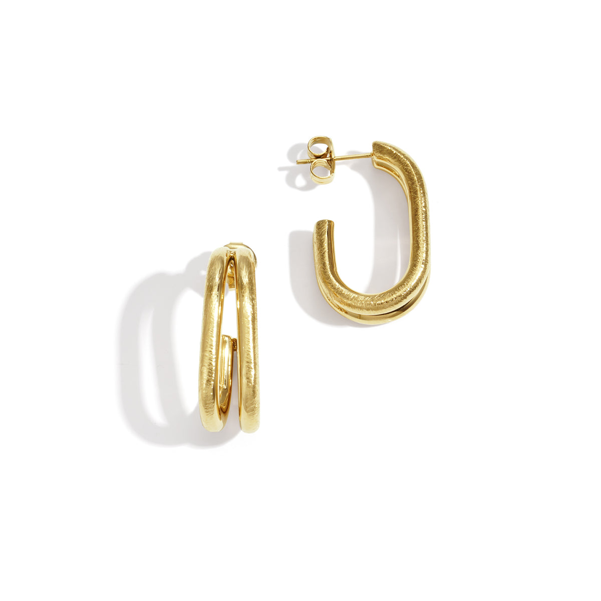 Gold Astra Hoop Earrings with a double loop design and brushed finish.