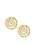 Gold spiral circle stud earrings with a hammered texture.