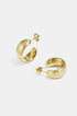 A pair of brushed gold hoop earrings with a subtle sheen, displayed on a white background.