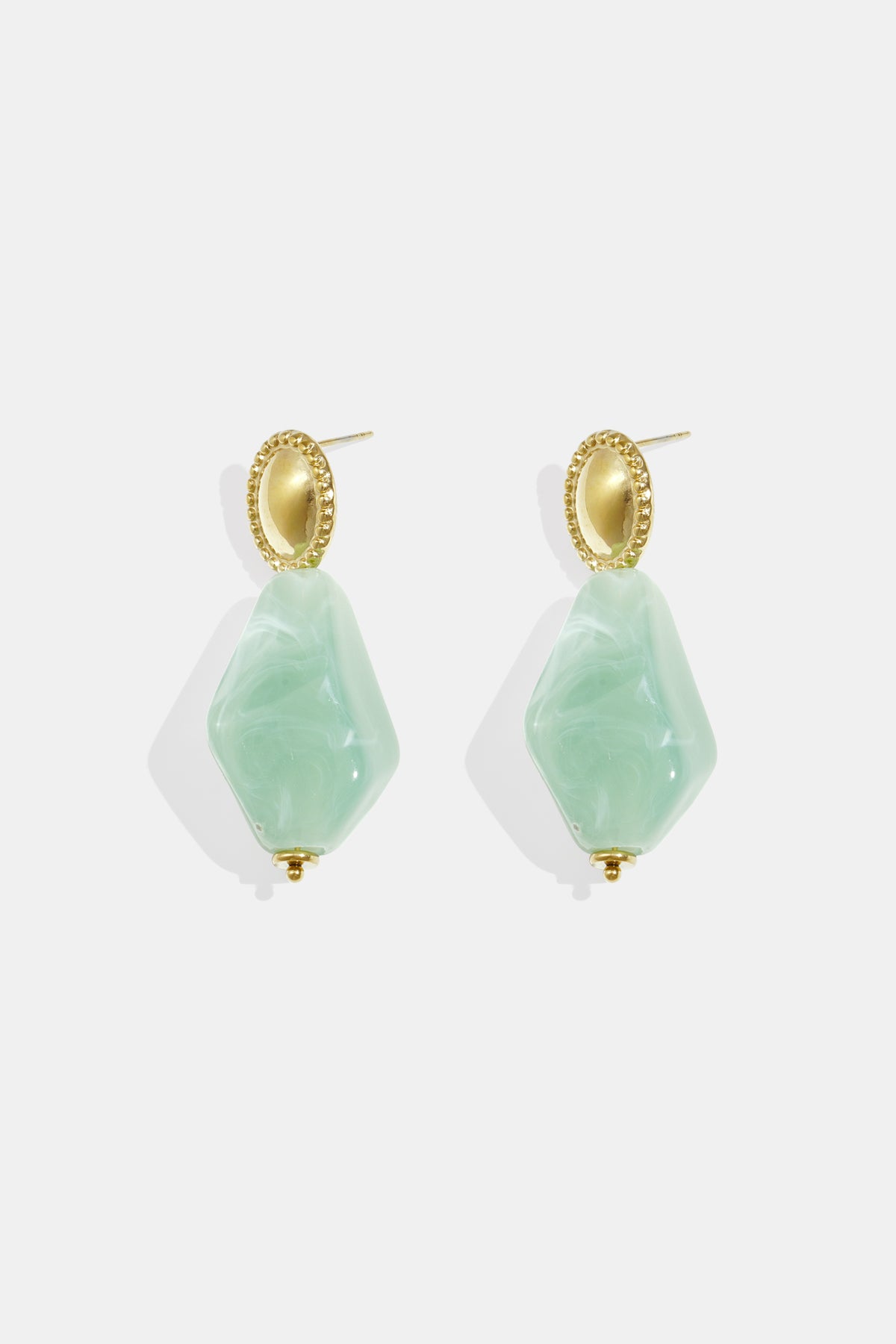 Gold oval studs with translucent mint green diamond-shaped resin drops.