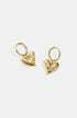 Gold heart-shaped drop earrings with small rhinestones and a gold hoop.